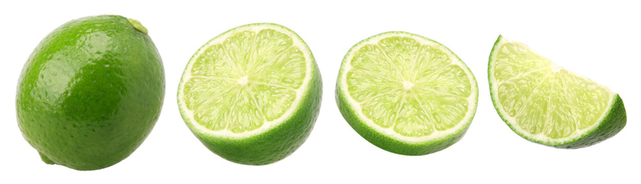 Close up, Natural fresh lime, half and slice isolated, transparent PNG, PNG format