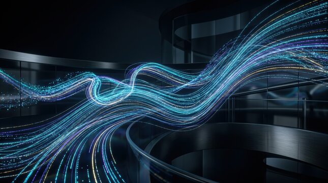 Futuristic abstract scene with glowing dynamic light trails in a modern environment