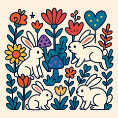 Fototapeta premium Rabbits Discovering Colorful Flowers and Mystical Plants in a Garden