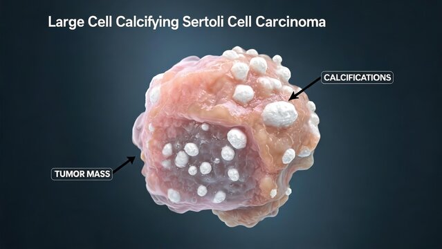 3D medical illustration of Large Cell Calcifying Sertoli Cell Carcinoma, tumor mass with calcifications labeled