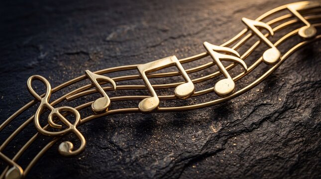 Golden musical stave with notes and clef on textured dark stone surface, representing classical melody, artistic audio composition and luxury sound production