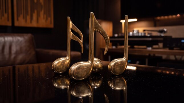 Golden musical notes standing on glossy black table with reflections in studio, representing music production, sound recording and audio entertainment
