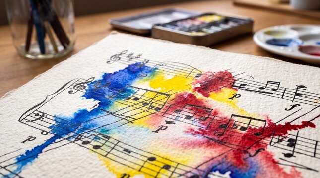 Sheet music score painted with vibrant colorful watercolor splash and musical notes on textured paper on desk, representing classical melody, artistic education and harmony