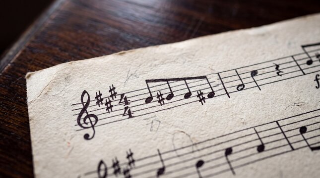 Vintage sheet music on textured paper with handwritten musical notes treble clef and stave on dark wood, representing classical composition, acoustic performance and historical melody