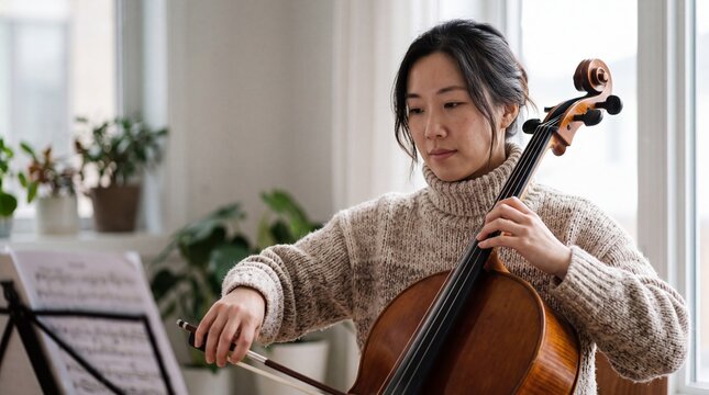 Young asian musician playing cello with bow near music stand at home. Cellist rehearsing classical melody from sheet music during creative instrumental practice in bright living room.