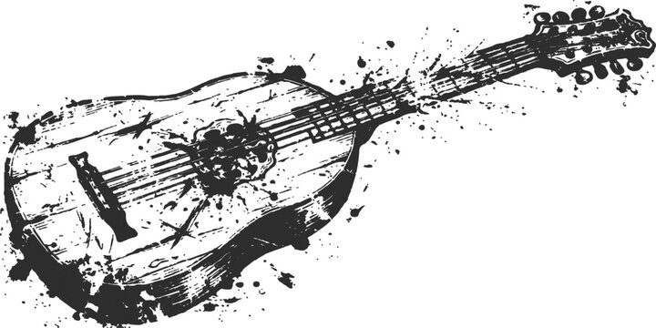 Black and beige mandolin vector illustration. String instrument ink splatter illustration. Hand drawn grunge style artwork.