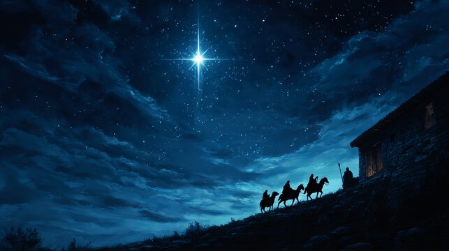 Wise men riding camels traveling towards Bethlehem under glowing Christmas star shining brightly in dark blue night sky