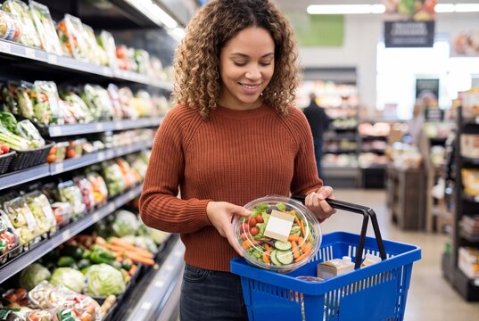 Young Woman Shopping for Fresh Salad Bowl in a Grocery Store Supermarket