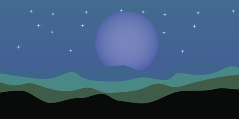 Obraz premium Serene Night Landscape with Large Moon and Mountain Range.