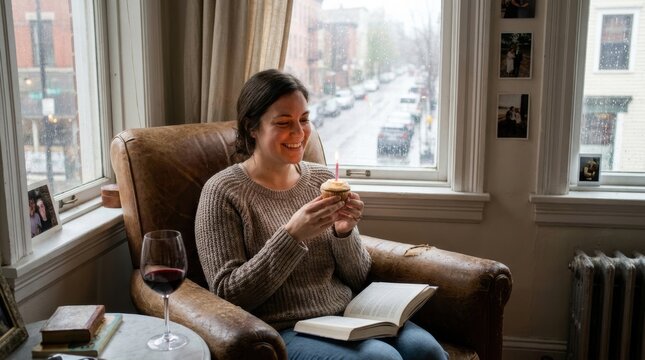 Woman Sitting on Armchair Celebrating Birthday with Candle-lit Cupcake by Window