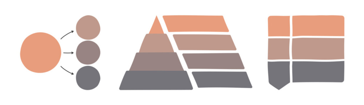 Three infographic templates featuring hand drawn circle, pyramid, and block diagrams with arrows and layers. 3 hand drawn process charts or diagrams. Vector illustration