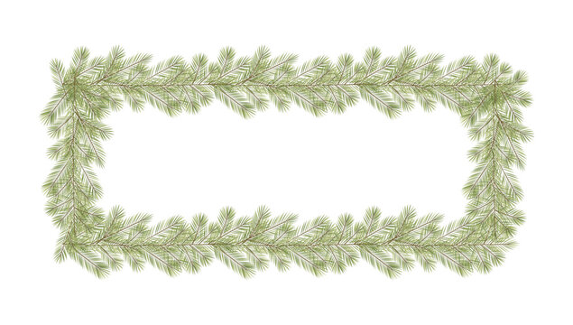 Christmas border frame made of pine branches arranged in a rectangle. Vector illustration