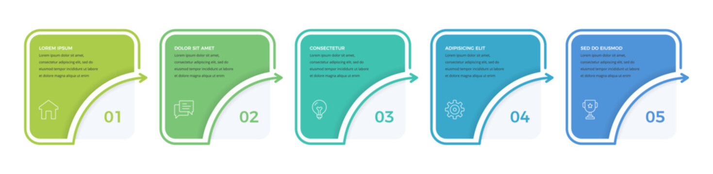 Five step infographic template with a horizontal row of squares connected by curved arrows. 5 steps flow chart or graphic for business planning. Vector template