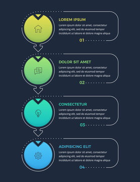 Vertical process flow infographic template featuring four numbered steps connected by arrows. Dark background
