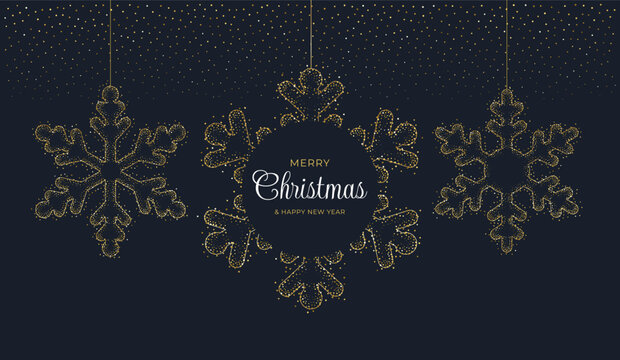 Christmas greeting card with glittering ornamental snowflakes on a dark background. Vector illustration
