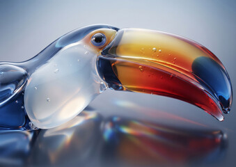 Fototapeta premium Close up of beautiful colorful translucent Murano glass toucan sculpture with beak highlights