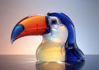 Fototapeta premium Beautiful colorful translucent Murano glass toucan bird sculpture on reflective surface
