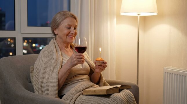 Elderly Woman Enjoying Glass of Red Wine and Reading Book at Home