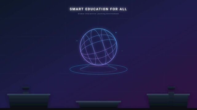 Glowing futuristic digital globe rotating in dark virtual classroom animation video footage