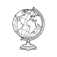 Desktop world globe sketch on ornate pedestal stand serves as an educational geography tool for school posters and international business travel publications. © Saadii