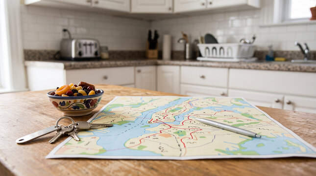 Map route planning on kitchen table
