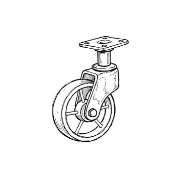 Industrial caster wheel drawing with heavy duty metal bracket and swivel plate for manufacturing hardware catalogs and furniture assembly technical manuals.