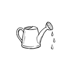 Watering can doodle drawing black and white outline sketch simple garden tool spraying water drops illustration on transparent background. © Saadii
