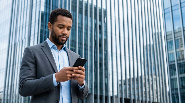 African American businessman in a suit using a smartphone outside office building