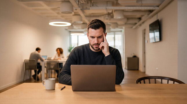 Thoughtful young man working on a laptop computer in a modern cafe or coworking space
