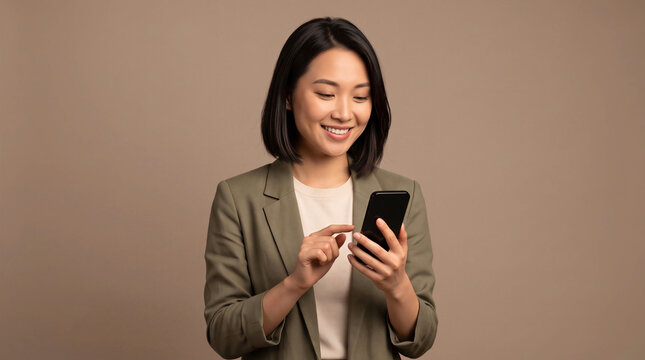 Smiling young Asian businesswoman using a smartphone against a studio background