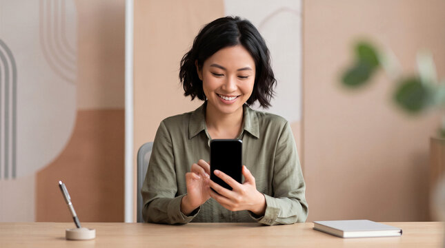 Smiling Asian businesswoman using a smartphone callng someone