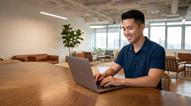 Smiling Asian businessman working on a laptop in a modern coworking space