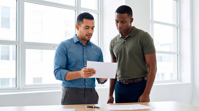 Two diverse male colleagues in business casual attire reviewing a document together