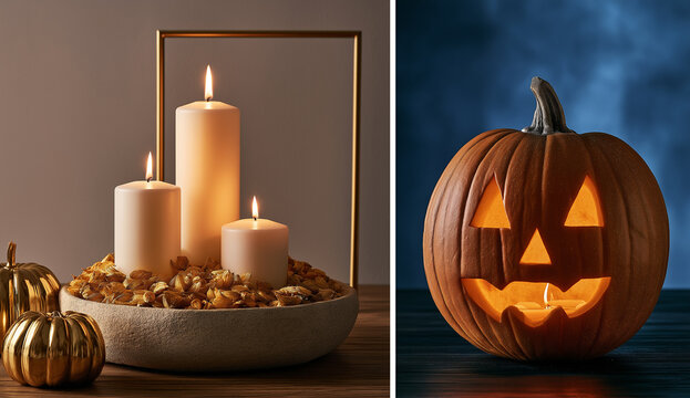 this split screen image combines elegant fall decor with a spooky halloween motif.