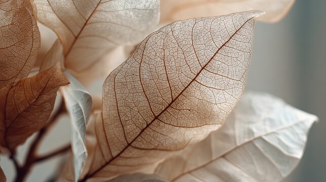 Delicate skeleton leaves revealing intricate natural vein structures in soft neutral tones and gentle morning sunlight