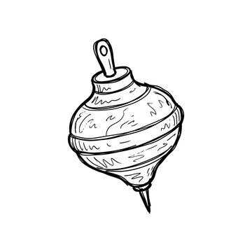 Classic wooden spinning top toy with striped texture in hand drawn ink sketch style for nostalgic childhood games and traditional craftsmanship decorations.