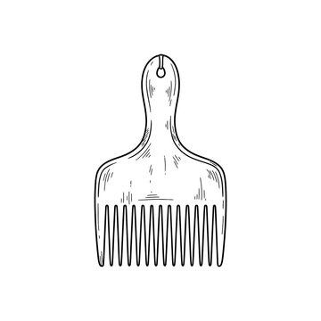 Wooden afro hair pick comb with wide teeth isolated on transparent background for grooming and styling curly textured hair in classic vintage salon style format.