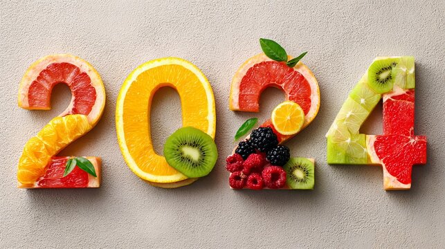 Colorful numbers two zero two four shaped from fresh sliced tropical citrus fruits on neutral textured background surface