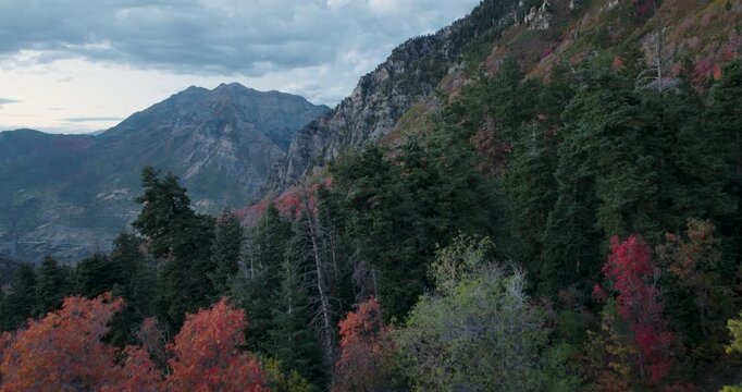 Autumn Evening On Rocky Mountain Side In Utah - Aerial Shot