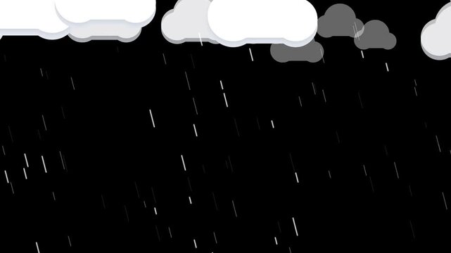 Cartoon style rain falling from white clouds on black background.