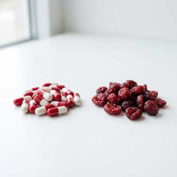 Pills versus Dried Cranberries on White Surface Health Supplement Comparison