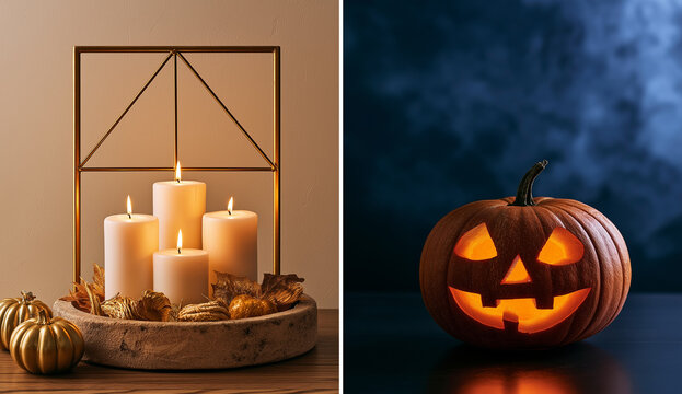 this split screen image combines elegant fall decor with a spooky halloween motif.