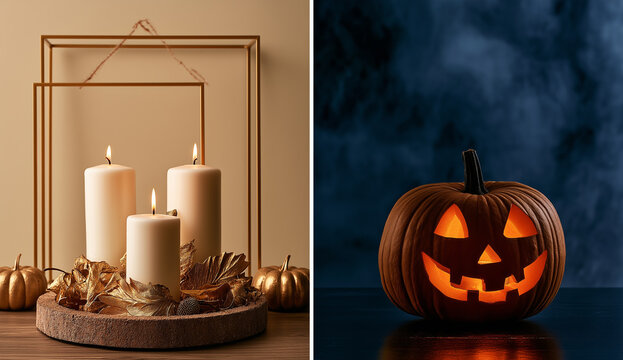 this split screen image combines elegant fall decor with a spooky halloween motif.