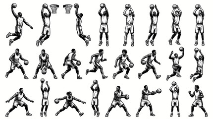 Professional Basketball Player Action Poses Collection with Dribbling, Shooting, and Dunking Icons in a Hand-Drawn Woodcut Style Isolated on White Background for Sports Branding. © Ayong