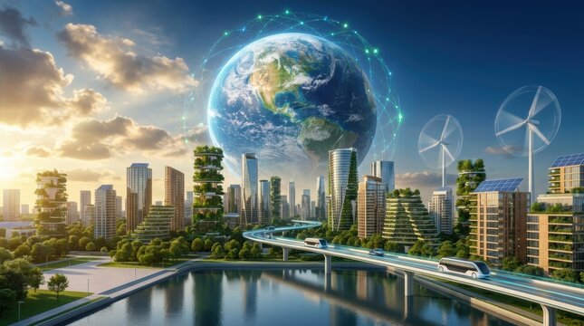 Futuristic Eco-Friendly City with Renewable Energy Technologies and Earth View