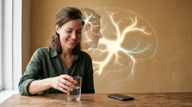 Smiling woman choosing water over phone with glowing brain concept, healthy habit and mindfulness