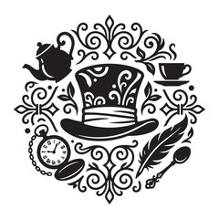 Obraz premium Vintage Mad Hatter Tea Party Silhouette Vector Illustration with Top Hat, Pocket Watch, Teapot, Teacup, and Feather