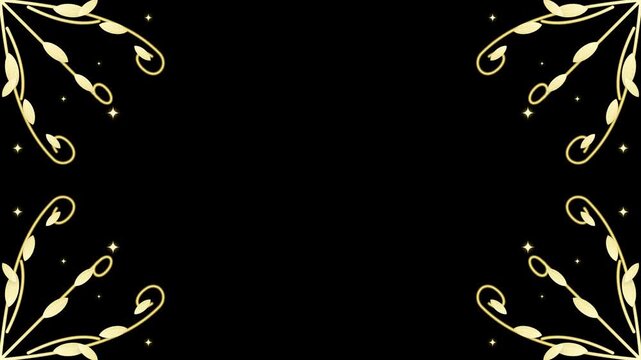 Elegant Golden Floral Frame Corner Ornaments on Black Background.