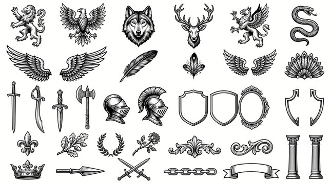 Set of Medieval Heraldry Symbols and Crest Design Elements Including Animals Weapons Shields and Decorative Flourishes in Woodcut Engraving Style Illustration for Brand Identity