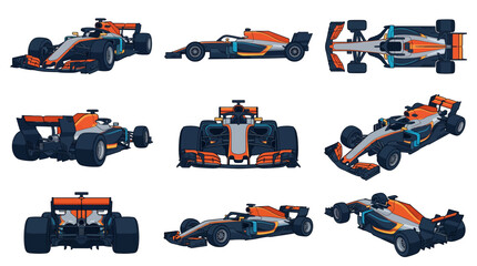 Obraz premium Modern Formula 1 Racing Car Vector Set with Front, Side, Rear, and Top Views; Professional Grand Prix Race Car Illustrations for Sports Graphics and Automotive Design.